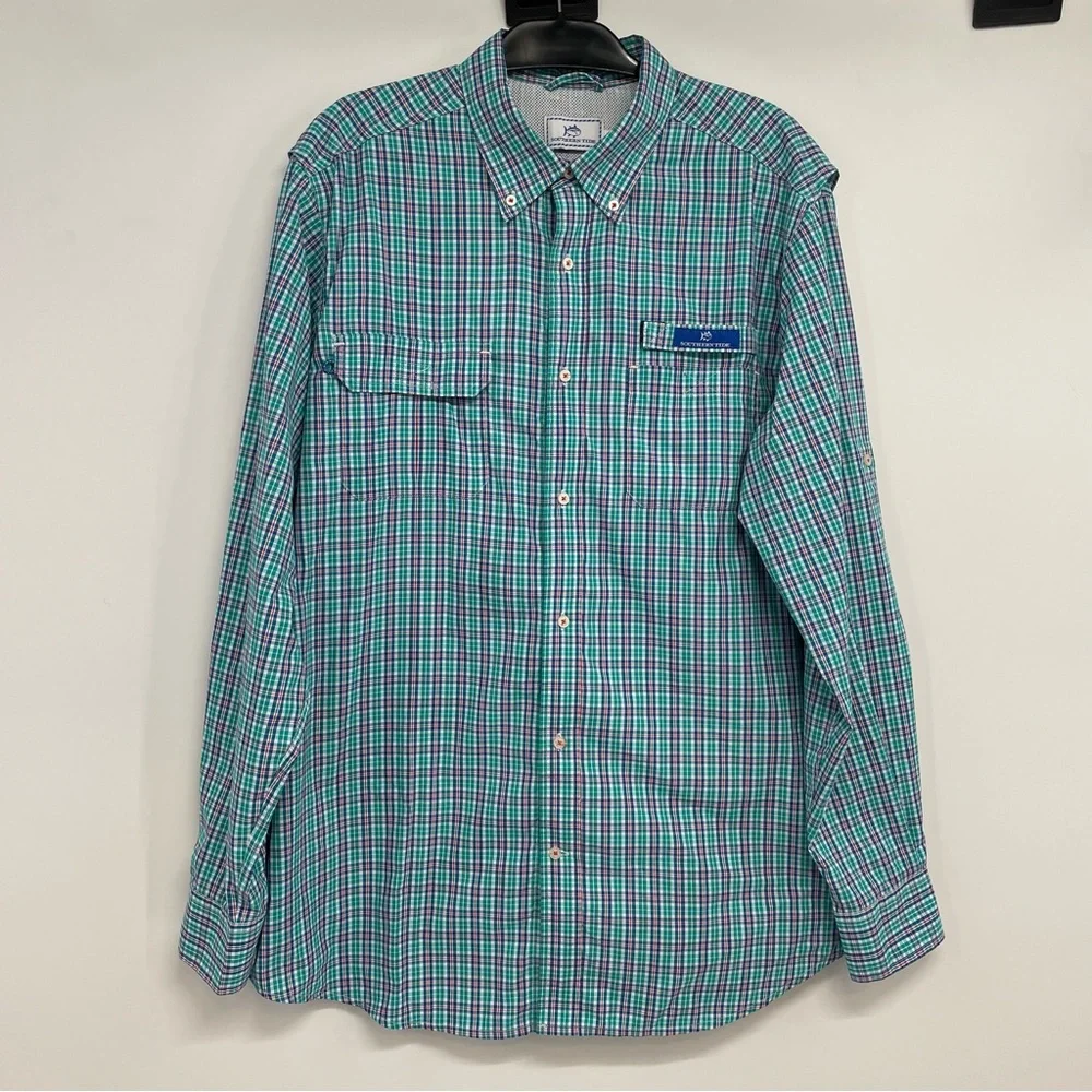 Southern Tide Red Drum Plaid Fishing Shirt Roll Tab Long Sleeve Sz L Atlas Green - Picture 4 of 13